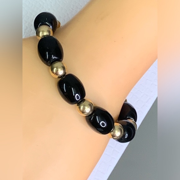 VINTAGE BLACK ONYX" 14K GOLD FILLED BALL BEADED BRACELET sz 7. 3/4” - Picture 4 of 10